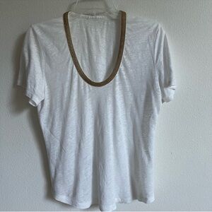 J. Crew White Linen T-Shirt With Gold Beaded Neckline Size Medium